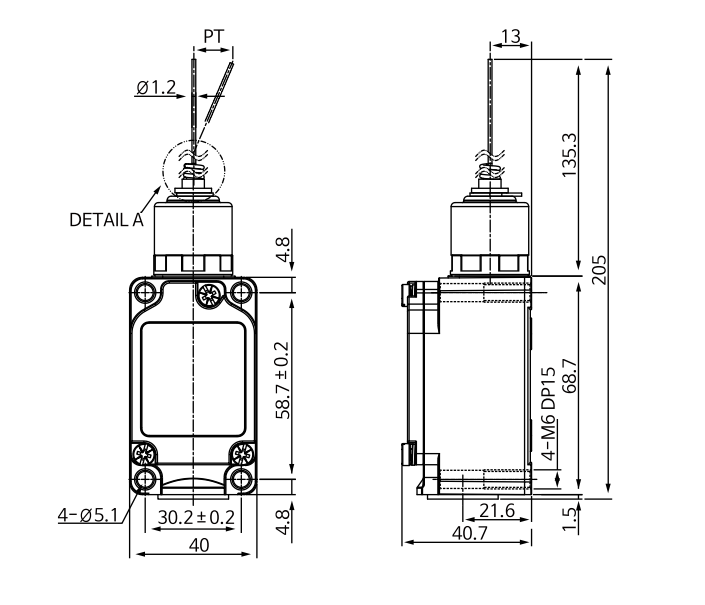 KXL-902 Waterproof Limit Switch with Spring Wire Lever-SUS Dimensions