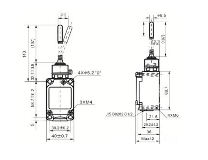 KXL-923 Waterproof Limit Switch with Metal Spring Rod Dimensions