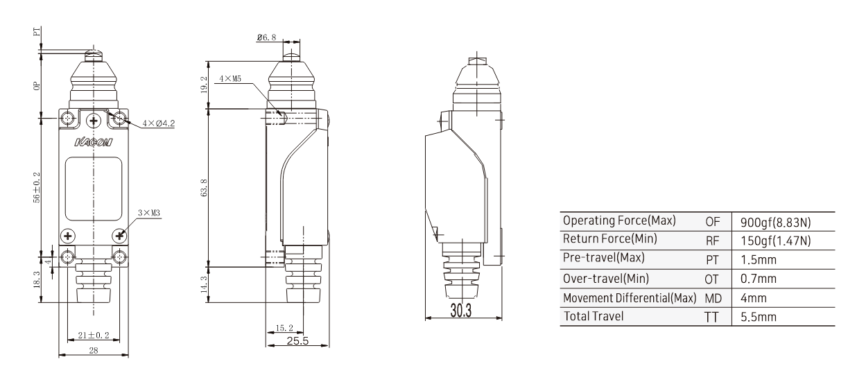 KXM-301 General-Purpose Limit Switch with Push Plunger Dimensions