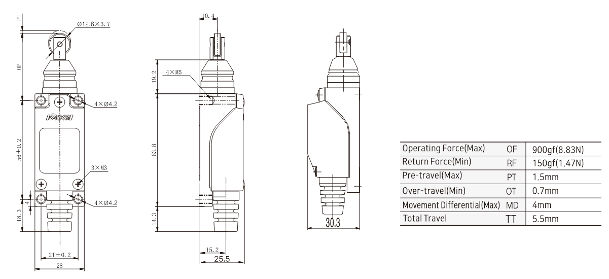 KXM-302 General-Purpose Limit Switch with Roller Plunger Dimensions