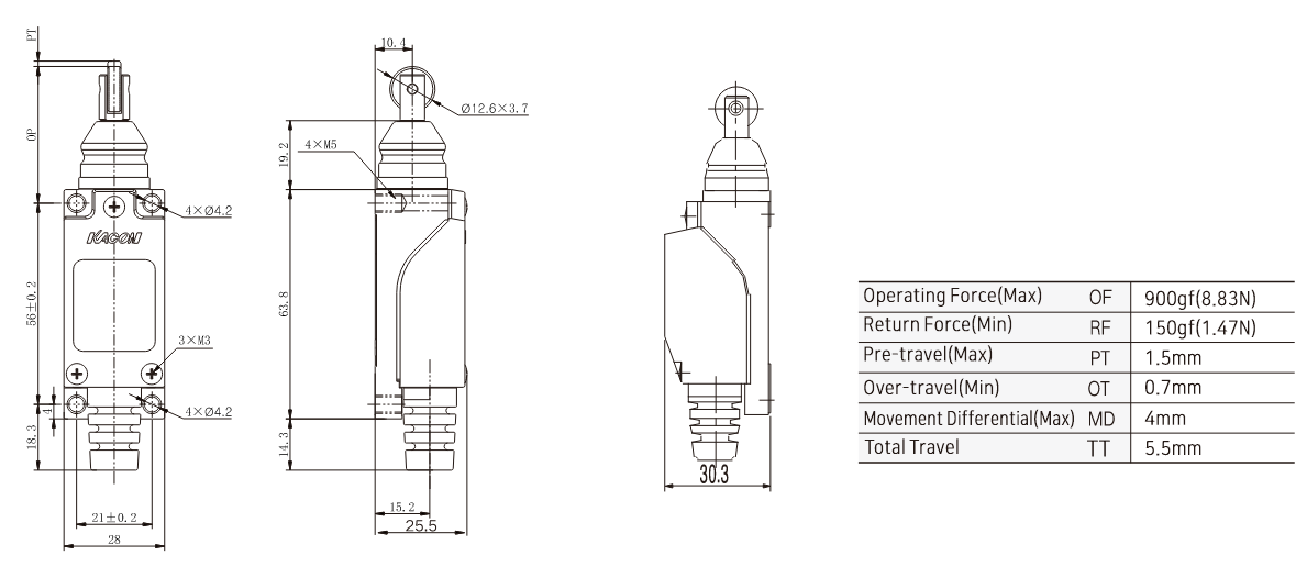 KXM-312 General-Purpose Limit Switch with Cross Roller Plunger Dimensions