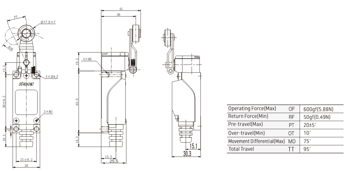 KXM-702 General-Purpose Limit Switch with Roller Lever Dimensions