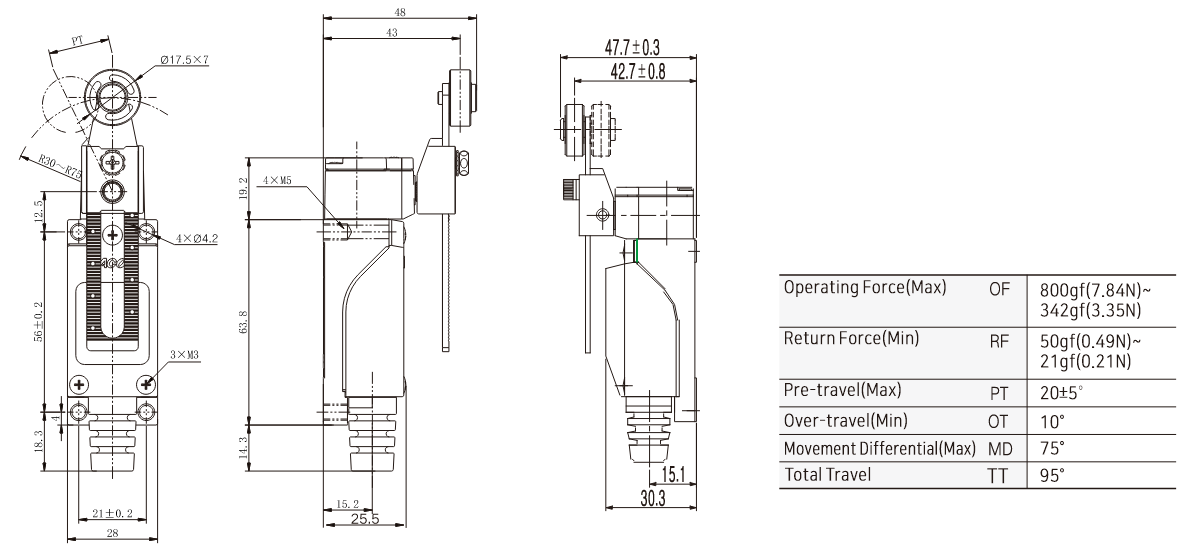 KXM-703 General-Purpose Limit Switch with Adjustable Roller Lever Dimensions