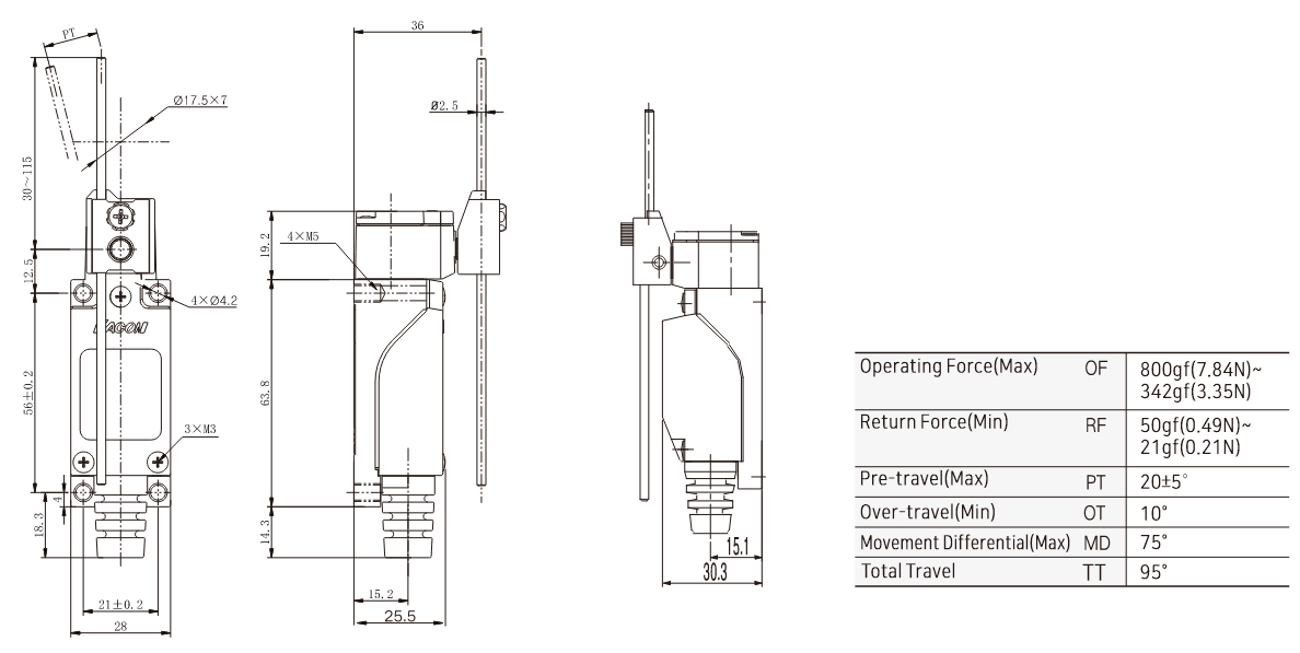 KXM-704 General-Purpose Limit Switch with Adjustable Rod Lever Dimensions