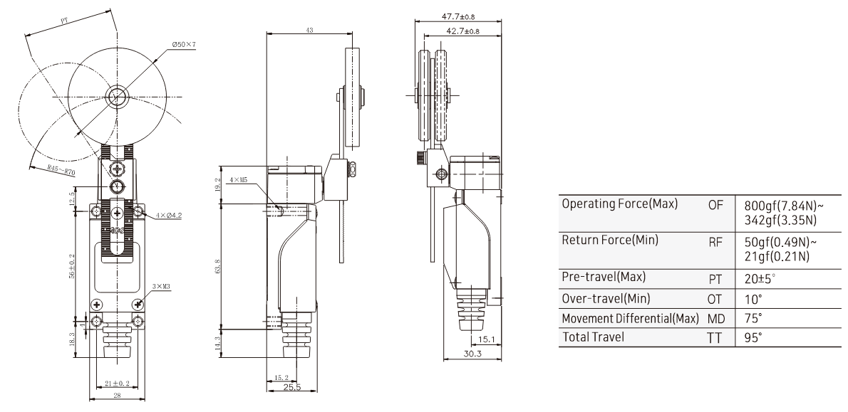 KXM-706 General-Purpose Limit Switch with Adjustable Aluminum Lever Dimensions