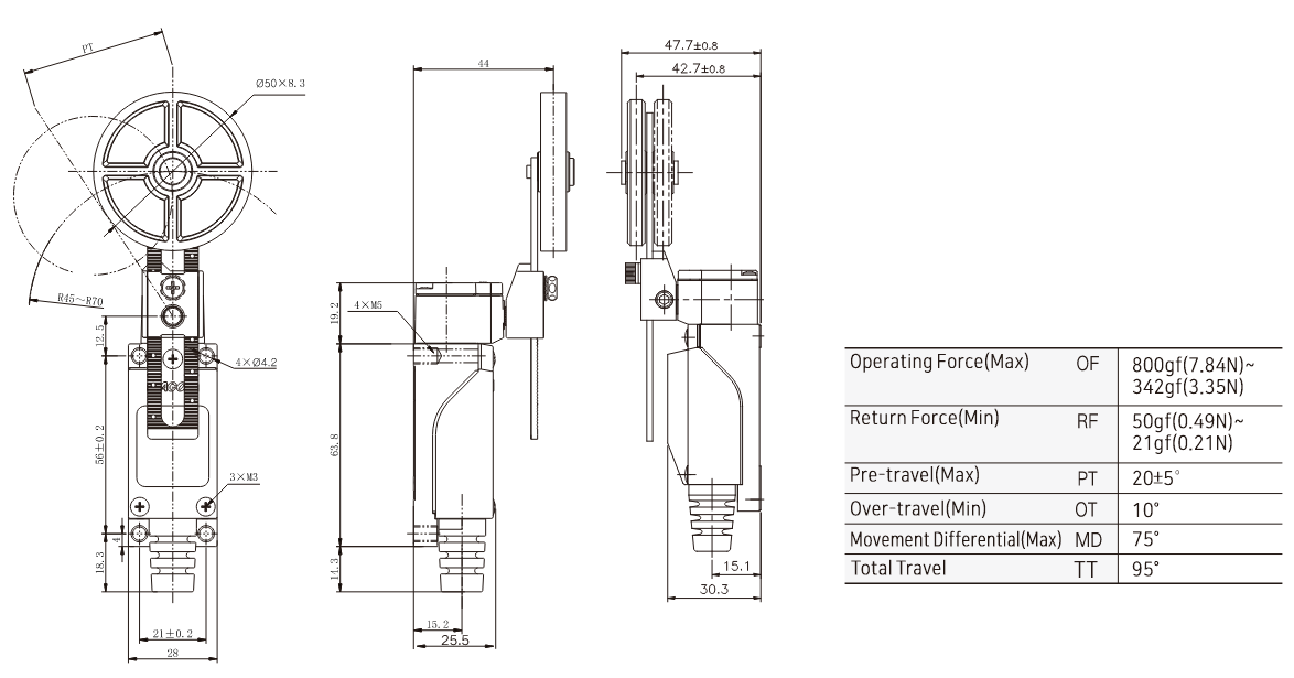 KXM-726 General-Purpose Limit Switch with Adjustable Roller Lever Dimensions