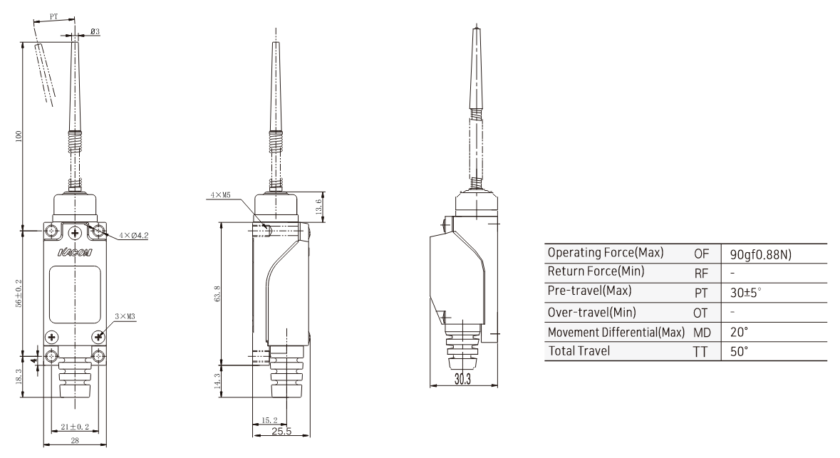 KXM-903 General-Purpose Limit Switch with Spring Rod-Plastic Tip Dimensions