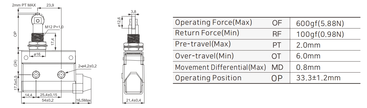 ZXG-302 Small Enclosed Limit Switch with Panel Mount Plunger and Roller Dimensions