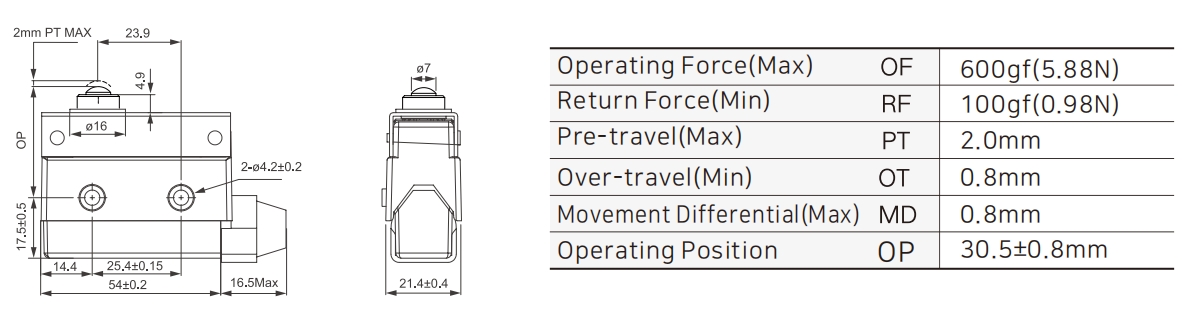 ZXG-311 Small Enclosed Limit Switch with Short Plunger Dimensions
