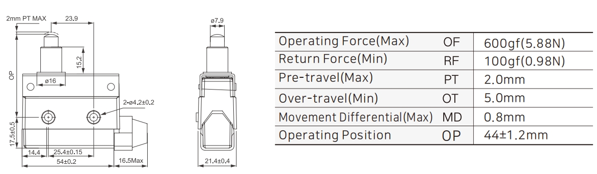 ZXG-321 Small Enclosed Limit Switch with Long Plunger Dimensions