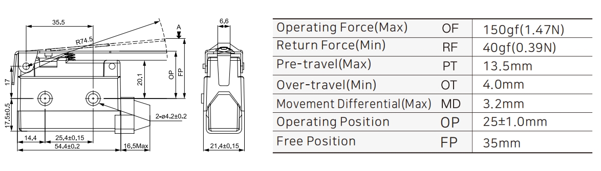 ZXG-501 Small Enclosed Limit Switch with Long Lever Dimensions