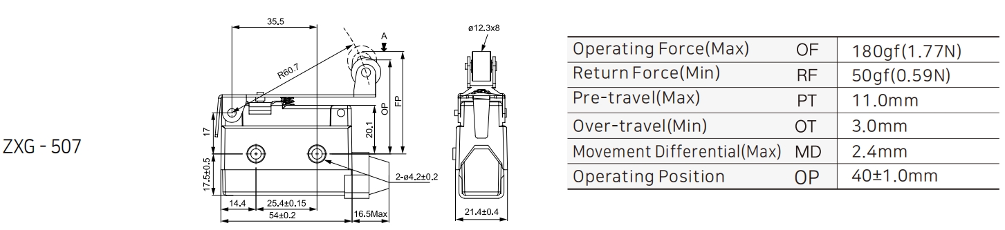 ZXG-507 Small Enclosed Limit Switch with Long Lever with Roller Dimensions