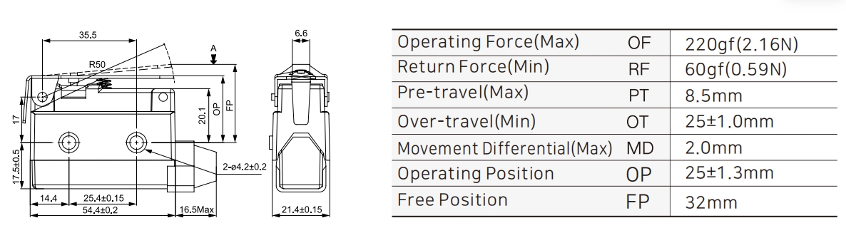 ZXG-511 Small Enclosed Limit Switch with Short Lever Dimensions
