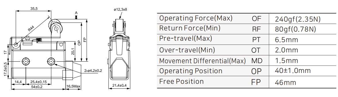 ZXG-517 Small Enclosed Limit Switch with Short Level with Roller Dimensions