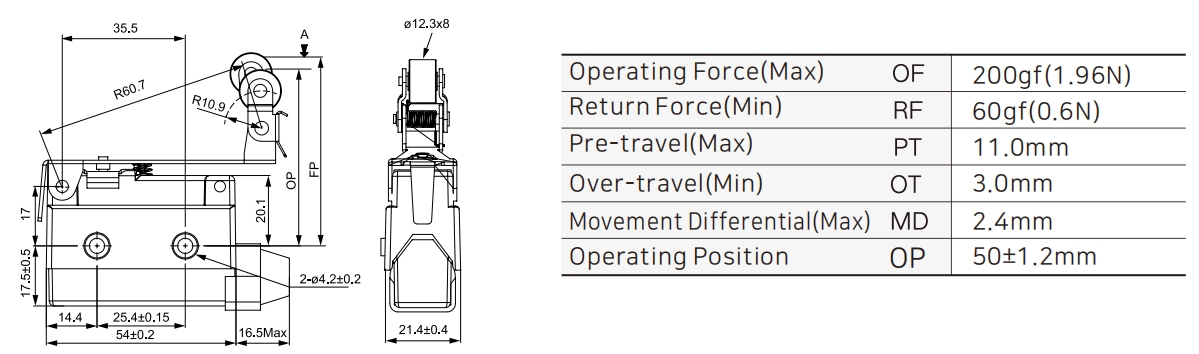 ZXG-527 Small Enclosed Limit Switch with Long Lever and One-way Roller Dimensions