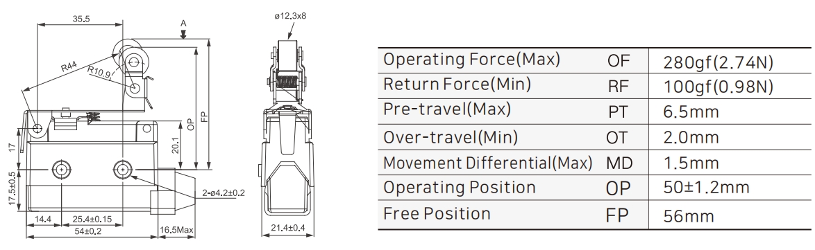 ZXG-537 Small Enclosed Limit Switch with Short Lever and One-way Roller Dimensions