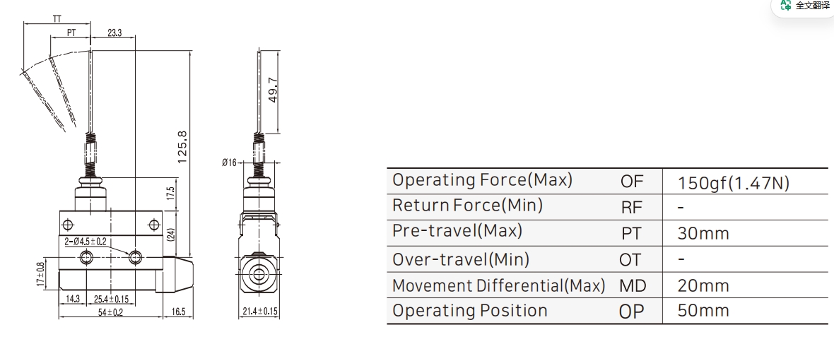 ZXG-902 Small Enclosed Limit Switch with Spring Wire Dimensions