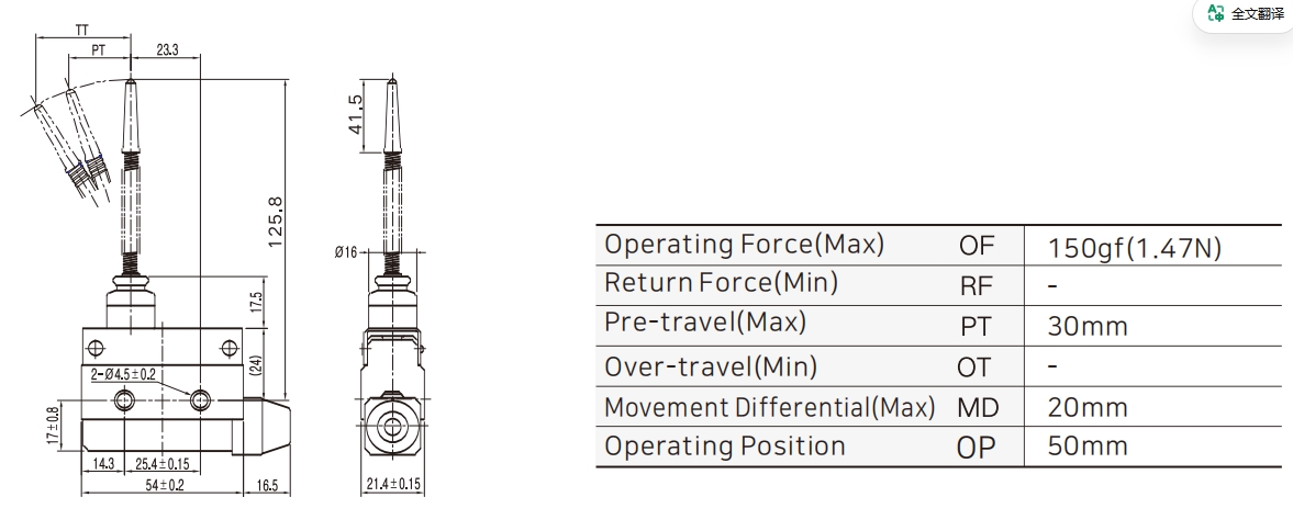 ZXG-903 Small Enclosed Limit Switch with Spring Rod-Plastic Tip Dimensions