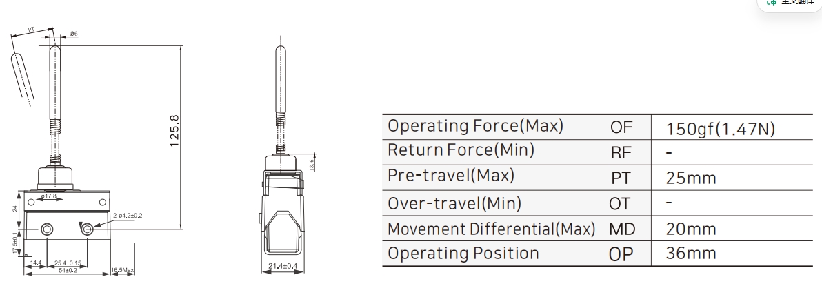 ZXG-923 Small Enclosed Limit Switch with Spring Rod-Stainless Steel Tip Dimensions