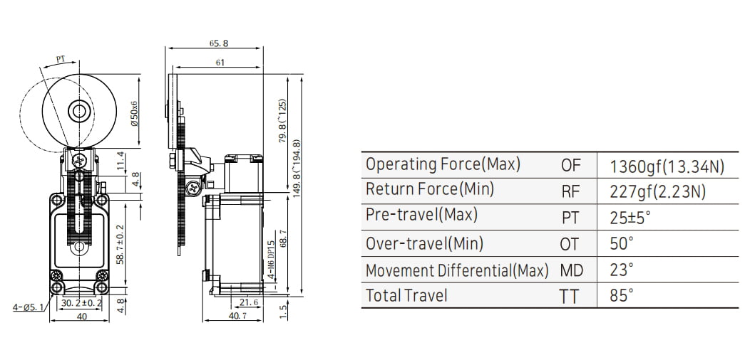 KXL-706 Waterproof Limit Switch with Ø50 Adjustable Roller Lever-Aluminum Dimensions