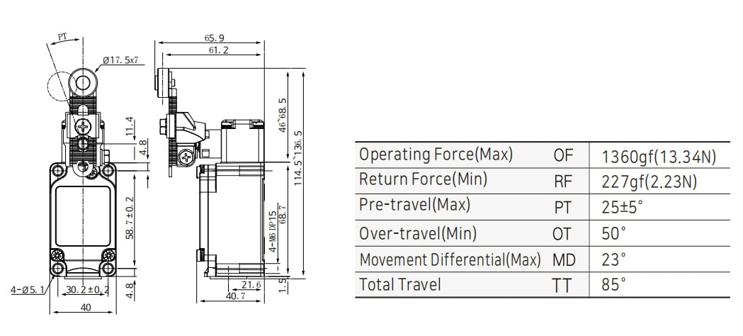 KXL-713 Waterproof Limit Switch with Adjustable Roller Short Lever Dimensions