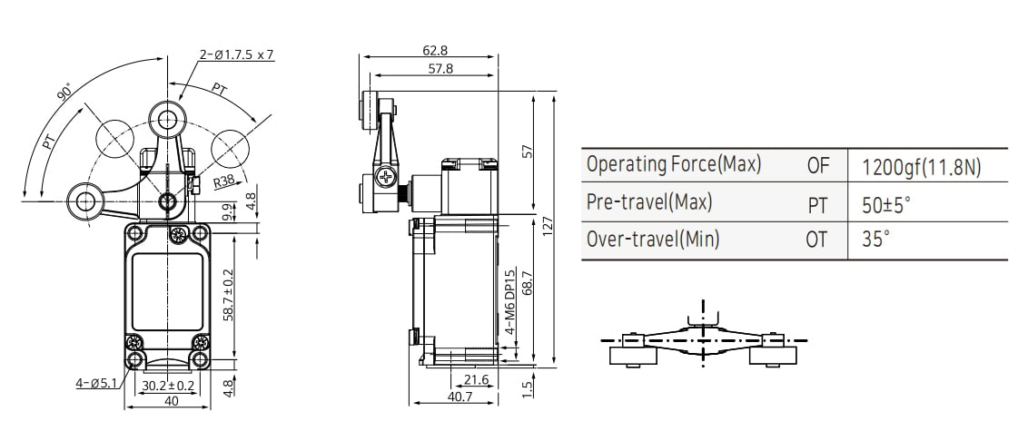 KXL-717 Waterproof Limit Switch with York Roller Lever Dimensions