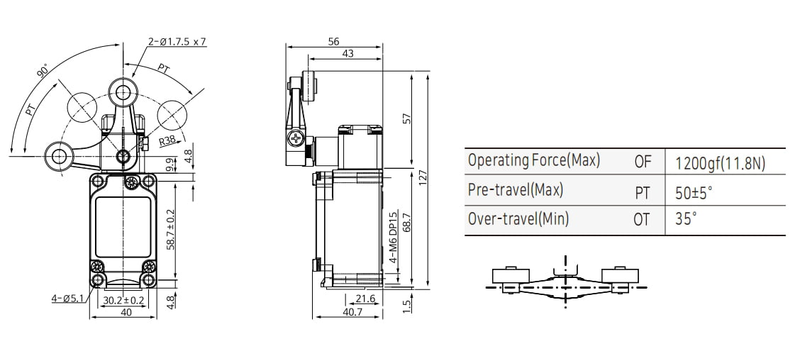 KXL-727 Waterproof Limit Switch with York Roller Lever Dimensions