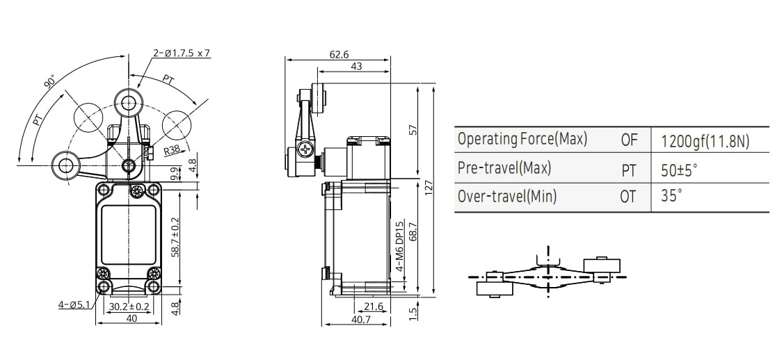 KXL-737 Waterproof Limit Switch with York Roller Lever Dimensions