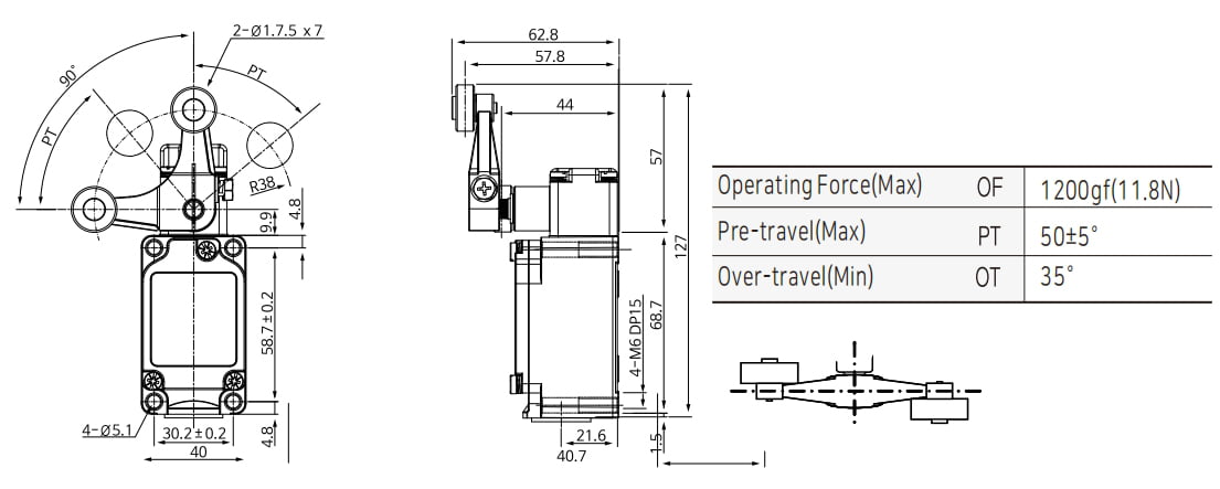 KXL-747 Waterproof Limit Switch with York Roller Lever Dimensions