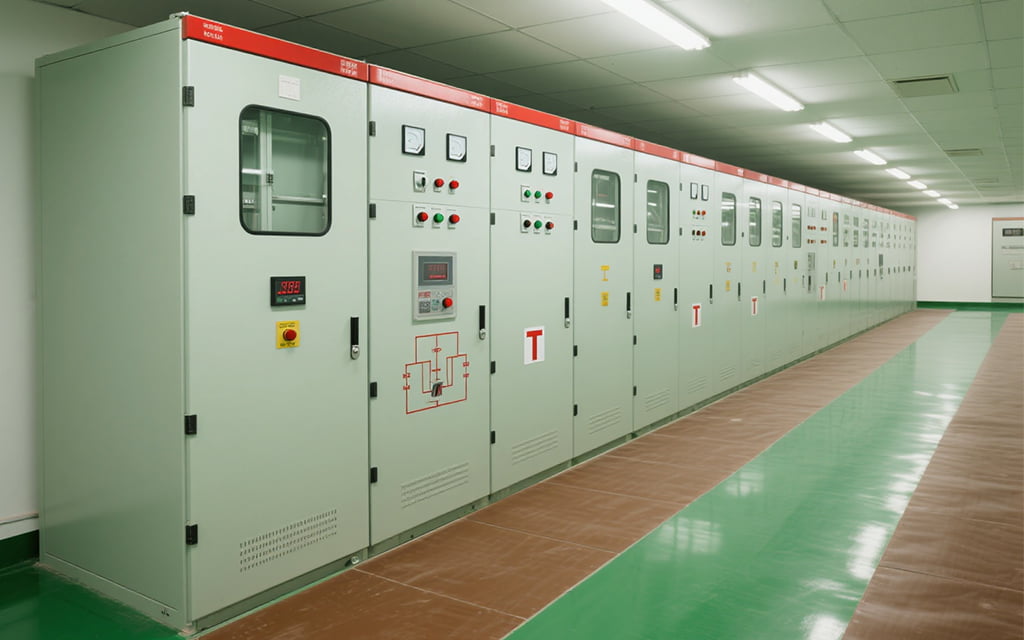 Row of electrical distribution and control cabinets