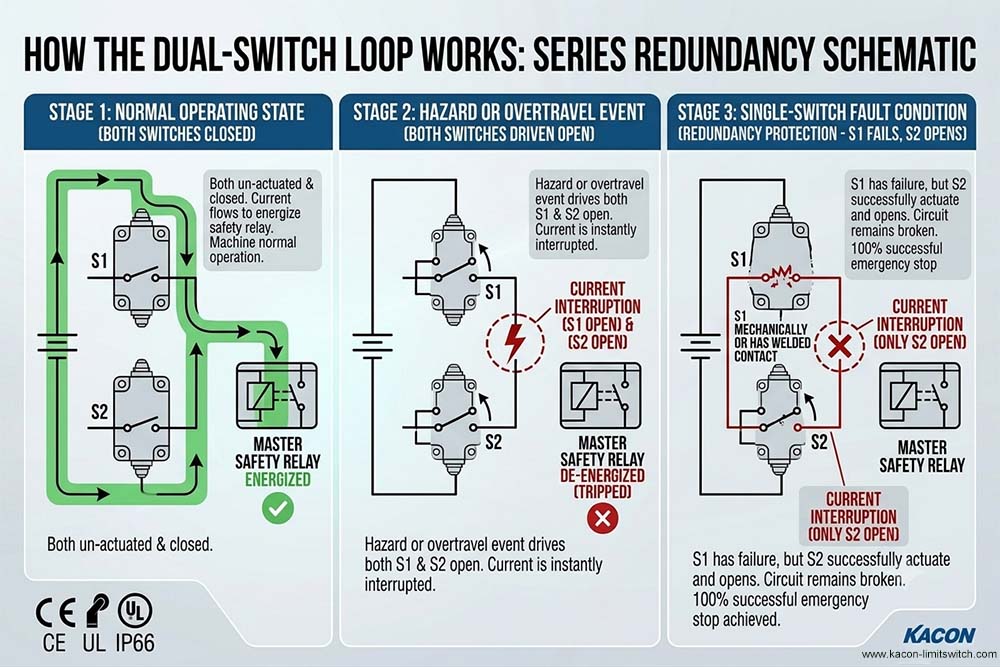 Kacon dual NC limit switch setup demonstrating physical installation spacing