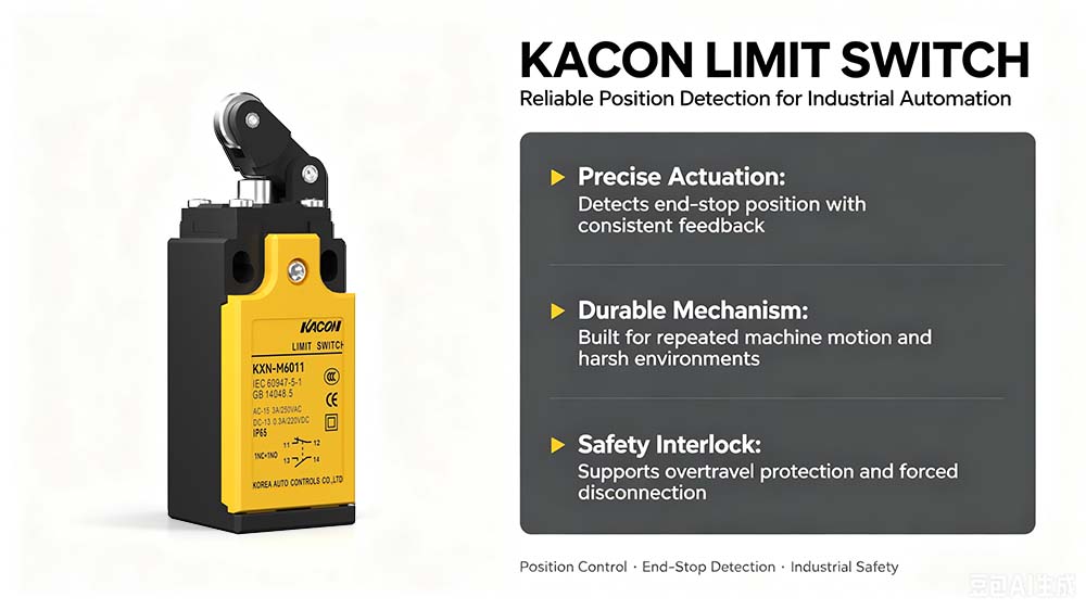 Industrial limit switch installed on automated machinery for position detection