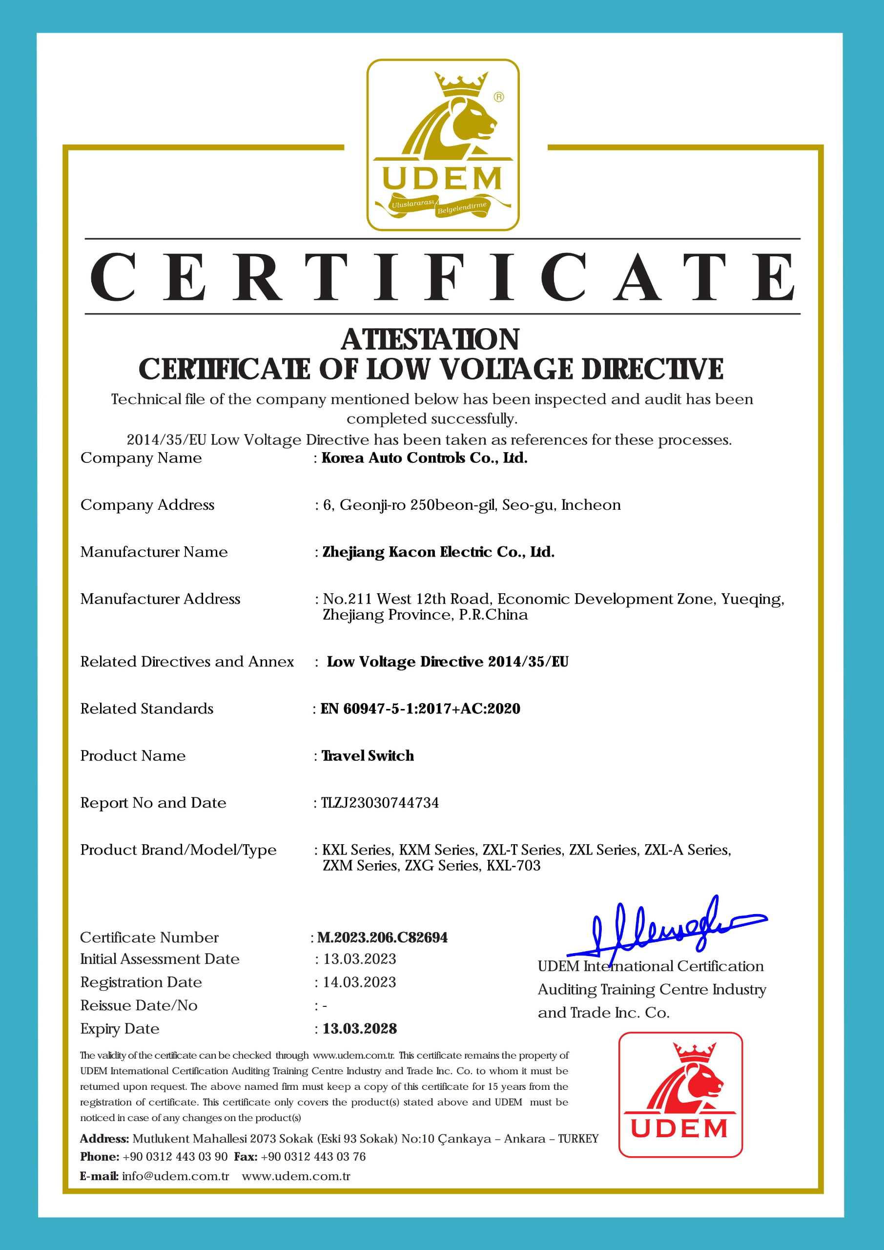 Kacon CE Certification for KXM Series Limit Switch