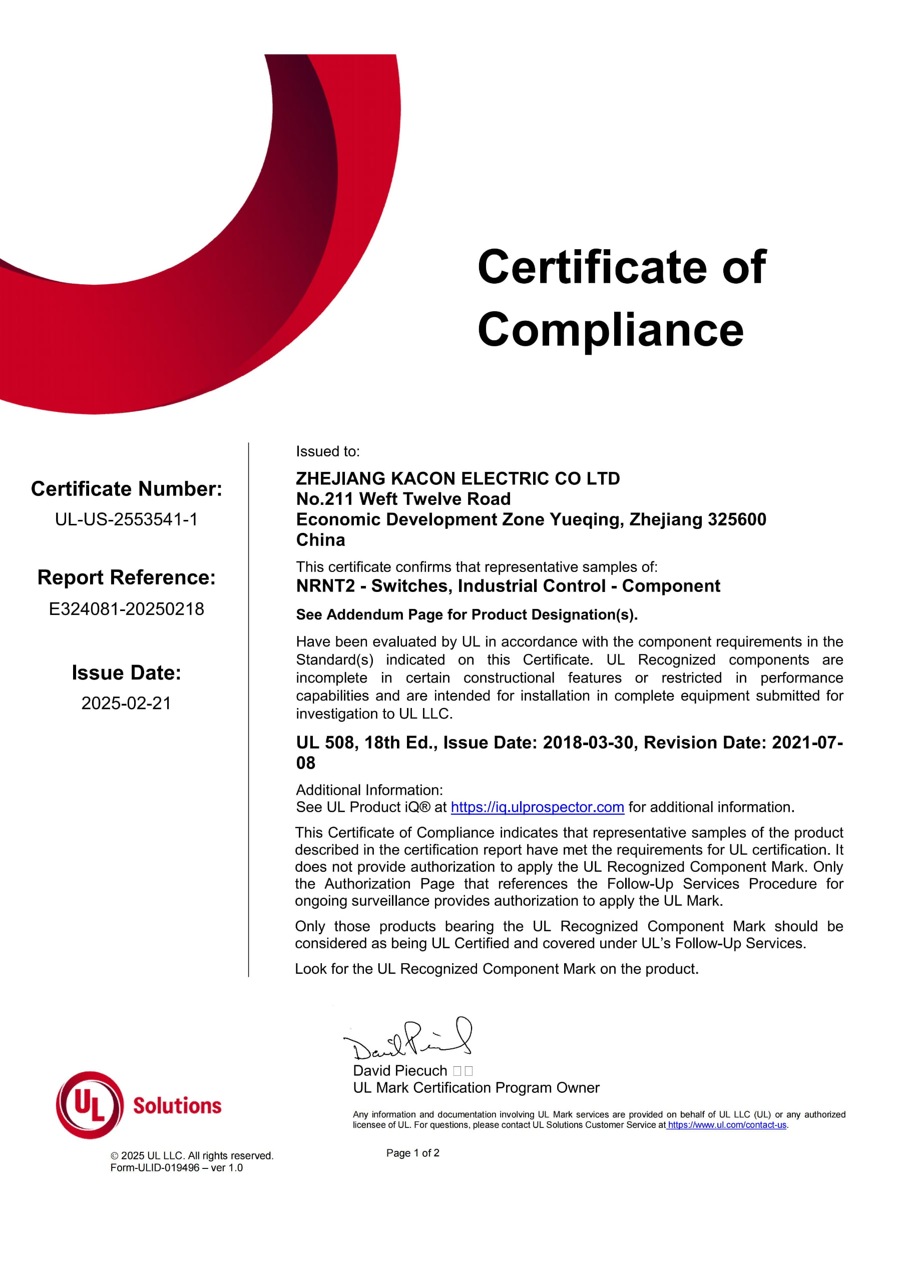 UL Certificate for KXL Series